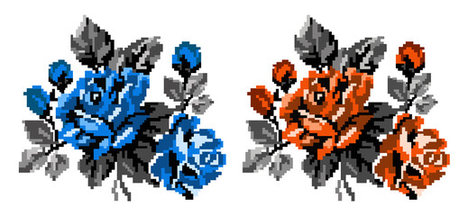 Two color bouquets of flowers (roses) in blue, orange and grey tones using traditional Ukrainian embroidery elements.  Can be used as pixel-art, card, emblem, icon.
