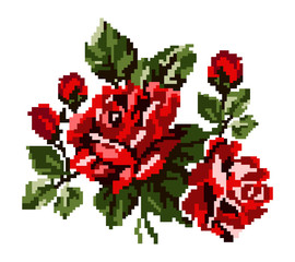 Color bouquet of flowers (roses) in red and green tones using traditional Ukrainian embroidery elements.  Can be used as pixel-art, card, emblem, icon.