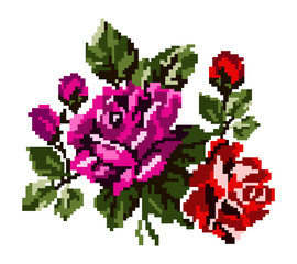 Naklejka na ściany i meble Color bouquet of flowers (roses) in red, pink and green tones using traditional Ukrainian embroidery elements. Can be used as pixel-art, card, emblem, icon.