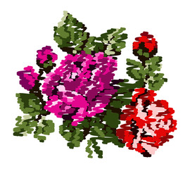 Color bouquet of flowers (roses) in pink and red  tones using traditional Ukrainian embroidery elements, scribble. Can be used as card, emblem, icon.