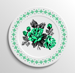 Decorative plate with round ethnic ornament (border pattern) and rose bouquet. Ukrainian style.  Green and grey tones.