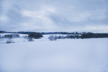 Snow-covered fields and hills, forest and village in the background, a gray-blue cloudy sky