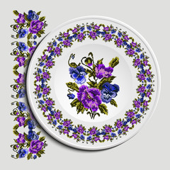 Table appointments in restaurant.. Decorative plate with round ethnic ornament. Ukrainian style.  Floral (poppies and pansies) pattern. Vintage background of napkin. Violet, blue and green tones.
