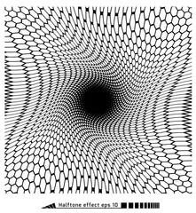 Vector. Halftone pattern effect. No gradient. Spiral. Hexagon, honeycomb