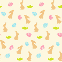 Vector seamless pattern with silhouette bunny and colorful eggs. Easter holiday simple  background for printing on fabric, paper for scrapbooking, gift wrap and wallpapers.