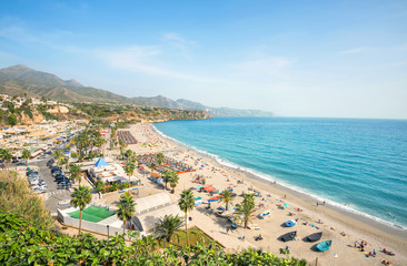 Nerja beach. Malaga province, Costa del Sol, Andalusia, Spain - obrazy, fototapety, plakaty