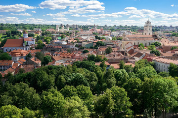 Fototapeta na wymiar Aerial view of town. Green trees and buildings. Landmarks and historic districts.