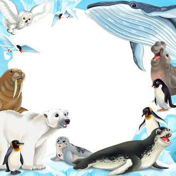 Cartoon winter frame with arctic animals - illustration for children