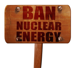 ban nuclear energu, 3D rendering, text on wooden sign