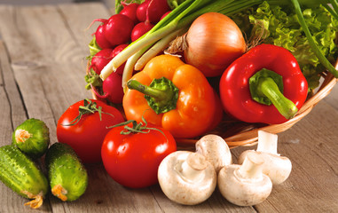 Fresh vegetables on a clean wooden table