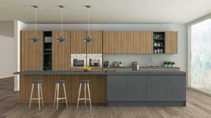 Scandinavian white kitchen with wooden and gray details, minimal