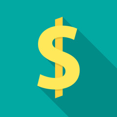 American dollar icon with long shadow. Flat design style. Dollar simple silhouette. Modern flat icon in stylish colors. Web site page and mobile app design vector element.
