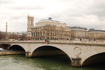 Naklejka premium Seine River. Paris, city life. Ships on the Seine. Bridges.