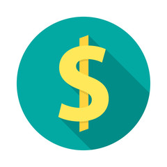 American dollar circle icon with long shadow. Flat design style. Dollar simple silhouette. Modern round icon in stylish colors. Web site page and mobile app design vector element.