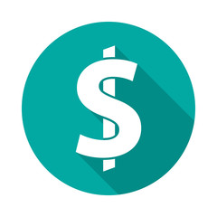 American dollar circle icon with long shadow. Flat design style. Dollar simple silhouette. Modern round icon in stylish colors. Web site page and mobile app design vector element.