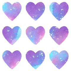 Set of hand painted decorative watercolor hearts . Great as a wallpaper or a seamless pattern