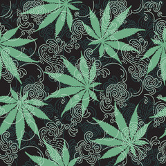 Naklejka na ściany i meble Cannabis or Marijuana seamless pattern.Hand drawn vector pattern with Cannabis leaf and clouds of smoke. 