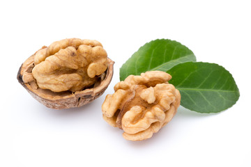 Walnut and walnut kernel isolated on the white background.