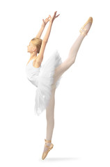 Fototapeta premium Young beautiful ballerina dancer posing on light background