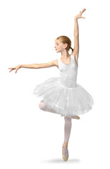 Obraz premium Young beautiful ballerina dancer posing on light background