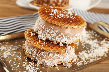 Ice cream cookie sandwiches on metal tray, closeup