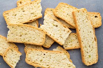 Garlic and herb bread slices. Eco food.