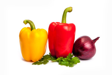 Sweet pepper, onion, tomato and basil leaves still life isolated on white background cutout