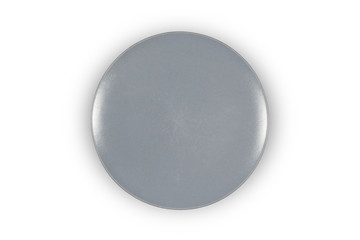 Flat grey ceramic plate on white background directly from above