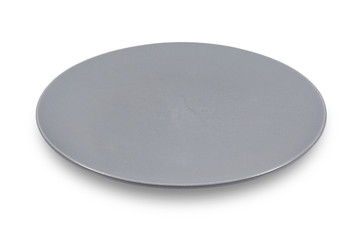 Flat grey ceramic plate on white background directly from side
