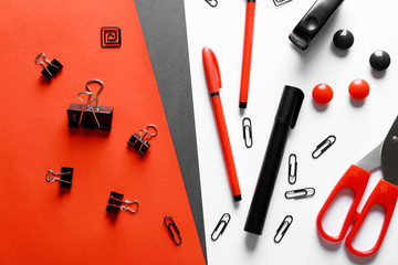 Red and black stationery on white background