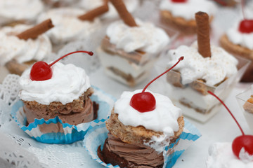 Dessert with chocolate mousse and whipped cream with cherry on t