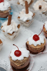 Dessert with chocolate mousse and whipped cream with cherry on t