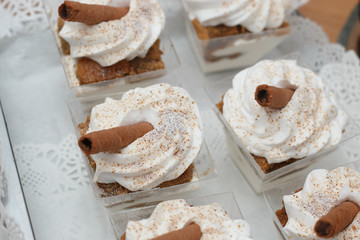 Chocolate rolls dessert with whipped cream