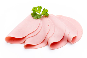 Sliced boiled ham sausage isolated on white background, top view © gitusik