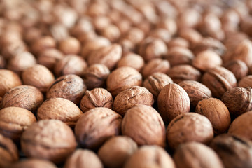 Closeup of many walnuts