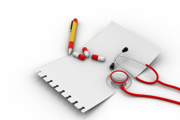 Note pad with stethoscope and tablets