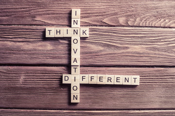 Conceptual keywords on wooden table with elements of game making