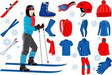  skiing icons set of complete ski and snowboard outfit and ski resort equipment with girl on skis in the ski resort