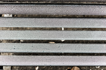 Wooden logs with white frozen ice close up