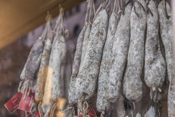 Many raw pork sausages in a row in Catalonia