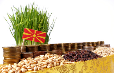 Macedonia flag waving with stack of money coins and piles of wheat