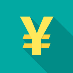 Obraz premium Japanese yen icon with long shadow. Flat design style. Japanese yen simple silhouette. Modern flat icon in stylish colors. Web site page and mobile app design vector element.