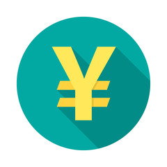 Japanese yen circle icon with long shadow. Flat design style. Japanese yen simple silhouette. Modern round icon in stylish colors. Web site page and mobile app design vector element.