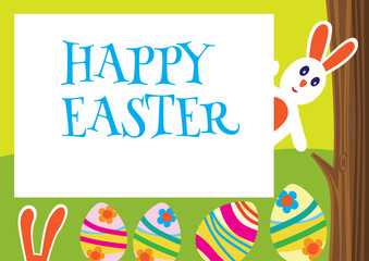 Colorful Happy Easter greeting card with rabbit and eggs 