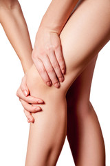 Closeup view of a young woman with knee pain. isolated on white background.
