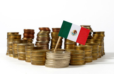 Mexico flag waving with stack of money coins