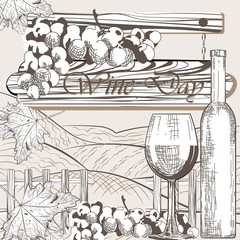 Vector Wine Day illustration card. Glass of wine and grapes on vine fields background. Hand drawn engraving technique