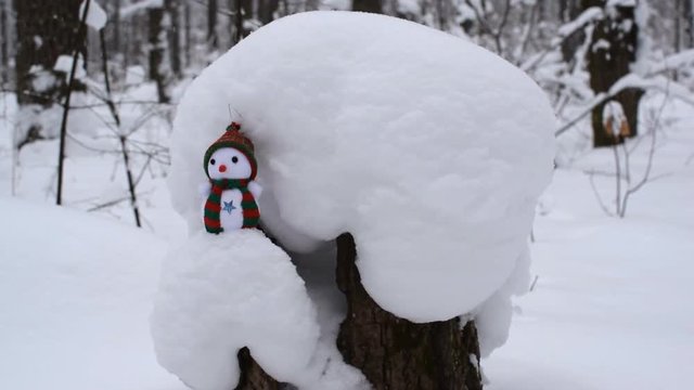 Snowman standing on a tree stump