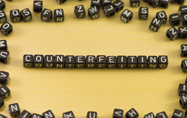 The word counterfeiting on wood background