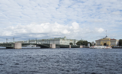 Saint Petersburg, Russia September 08, 2016: Panorama of the embankment of the river Neva. View of the Admiralty and the Hermitage and Palace bridge in St. Petersburg, Russia.